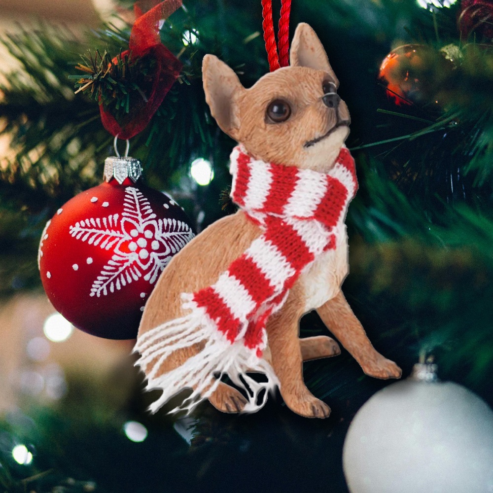 Sandicast Tan CHIHUAHUA with Red and White Christmas Scarf - Picture 2 of 13